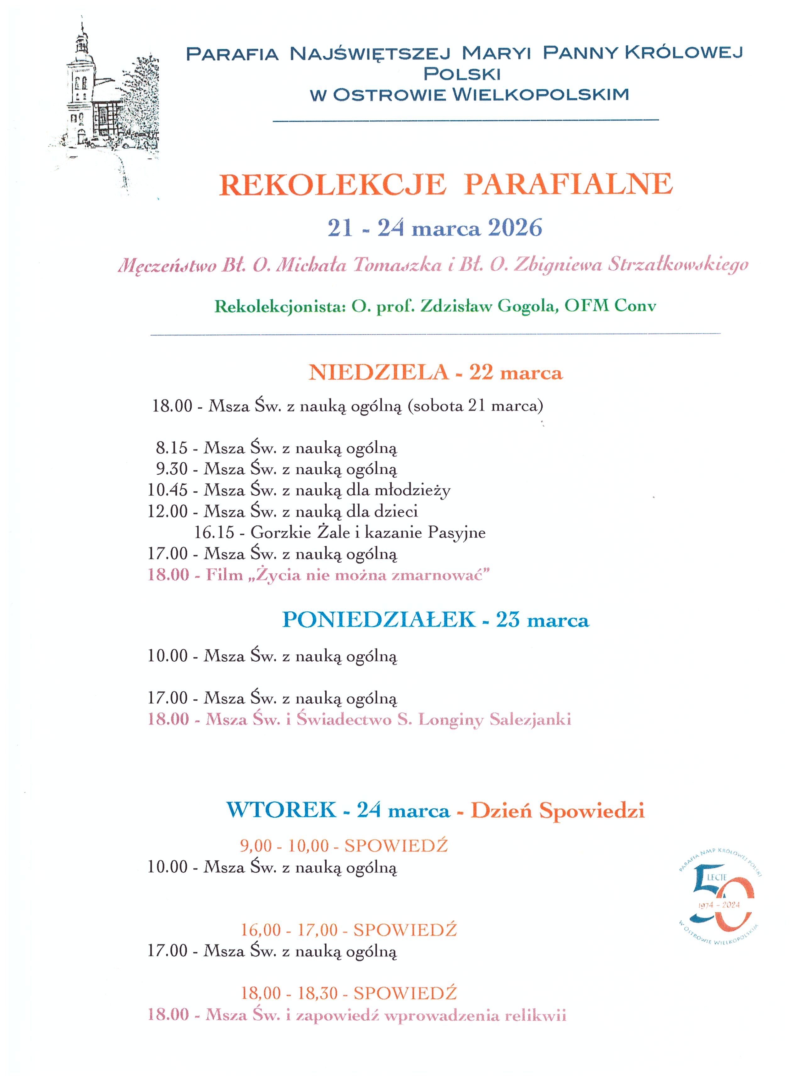 Parafialne Rekolekcje Wielkopostne: 21 - 24 marca 2026