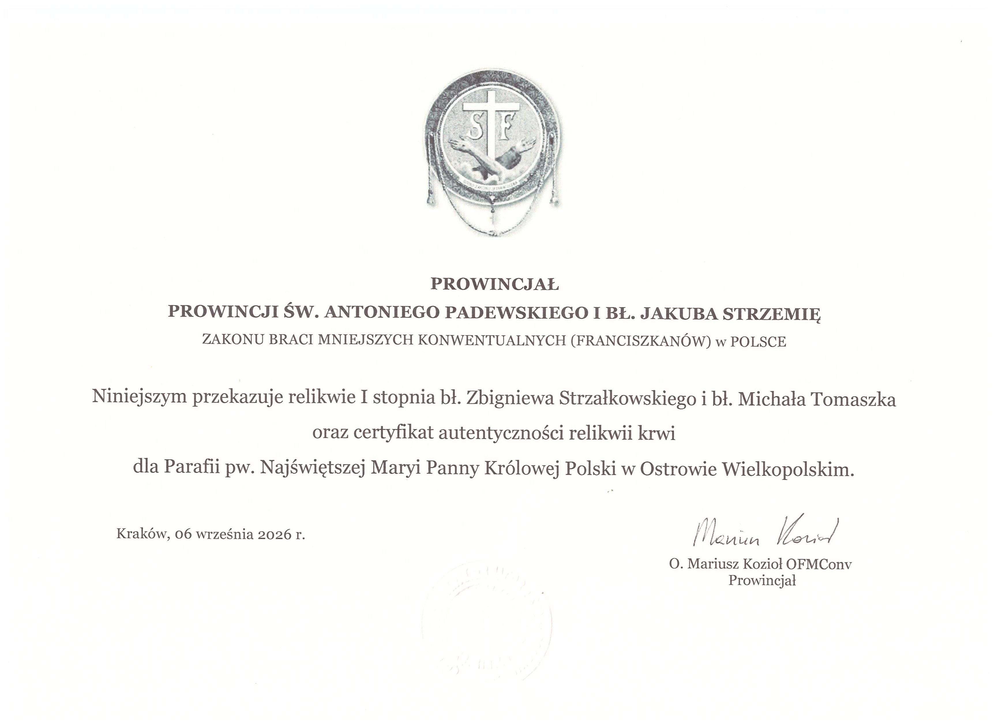 Pismo Prowincjała Franciszkanów ws. relikwii